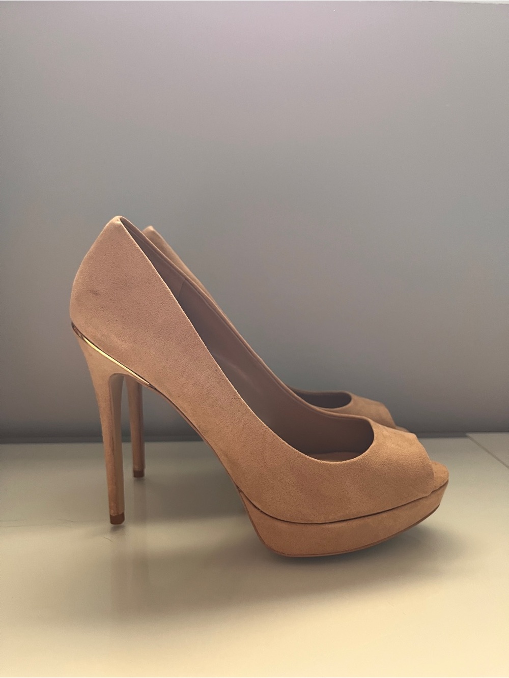 Aldo Beige Suede Peep-Toe Stiletto Heels - Picture 5 of 8
